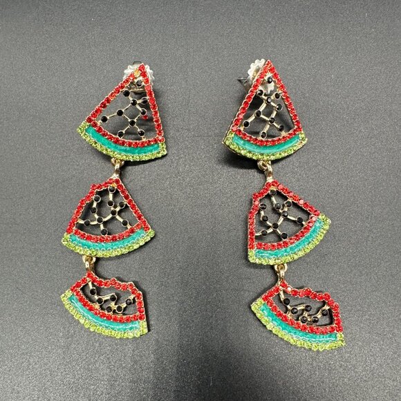 Watermelon Slice Dangly Earrings Summer Fruit Jewelry Red Green Rhinestones - Picture 2 of 6